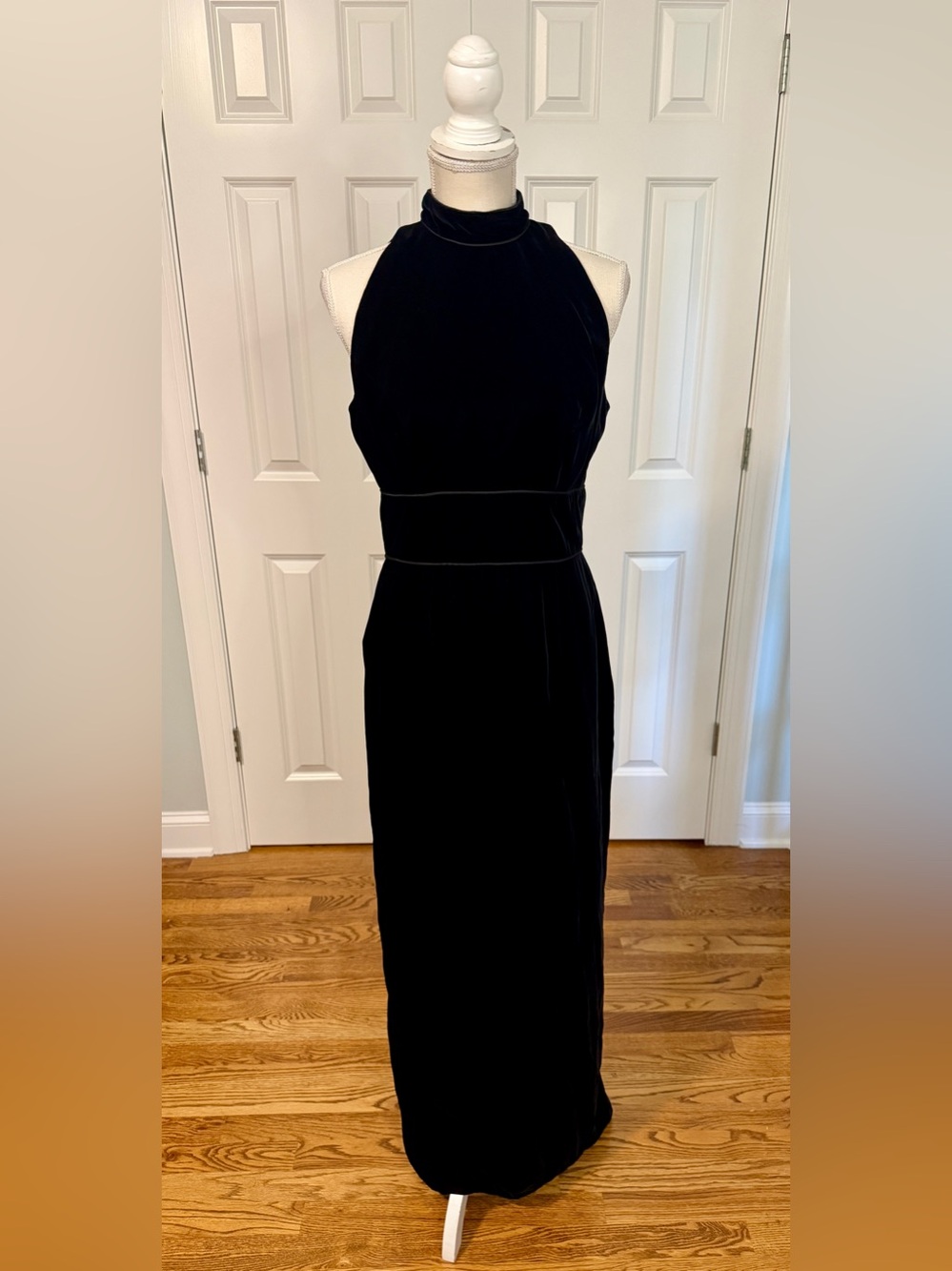 Vtg 80s House of Bianchi Black Velvet Halter Maxi Dress Bow Back Cut Out Sz 10